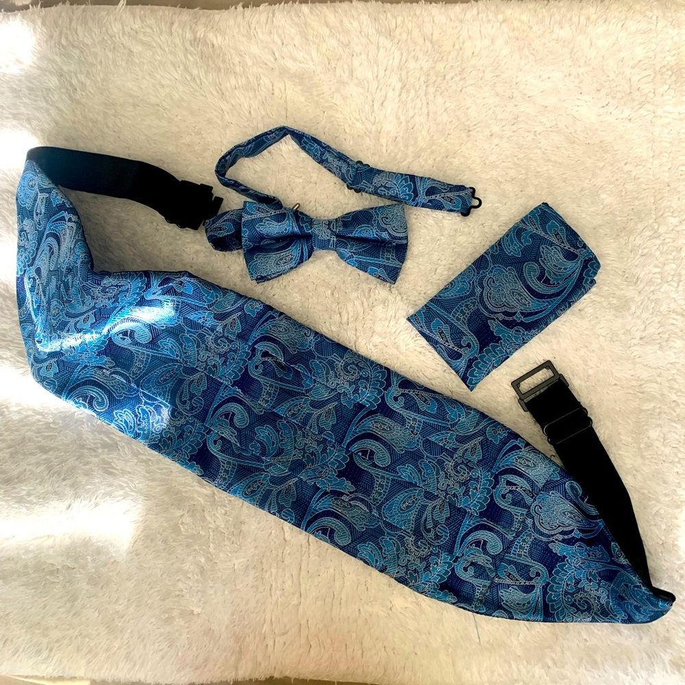 Vintage silk Cummerbund , scarf , cuffs & Bow Tie Set
